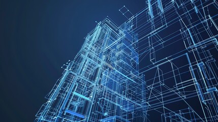 Poster - Blueprints of a futuristic skyscraper, neon highlights, low angle, sharp focus in a dimly lit room 