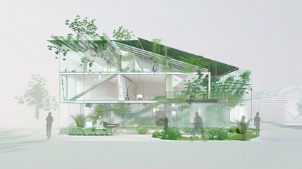 Poster - Detailed architectural drawing of a green building, eco-friendly design, natural morning light, side view 