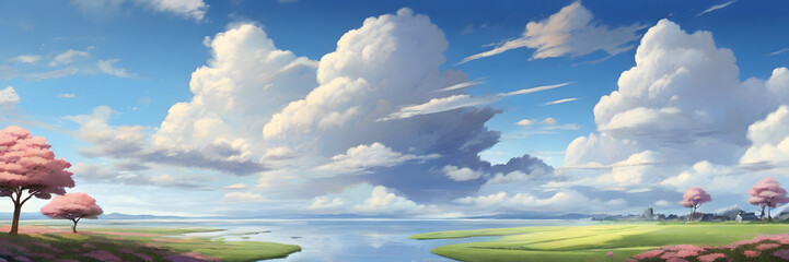 Wall Mural - 3:1 banner. Anime-style Illustration of Summer Sky and Cumulonimbus Clouds. Perfect for: Summer-themed Designs, Anime Artwork, Weather-related Content. Copy Space Background.