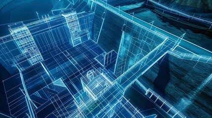 Poster - Hydraulic dam blueprint, rich blue accents, top view, illuminated by sharp white light, high detail 