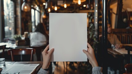 Hand holding a blank paper poster design for a restaurant menu, providing space for displaying menu items or designs.