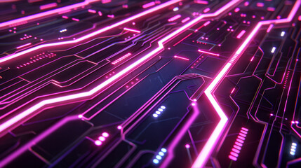 Poster - Close-up of a glowing neon circuit with electronic pathways in pink and blue tones
