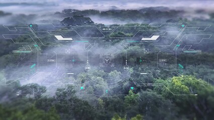 Aufkleber - HUD navigation screen system aerial view explorer jungle landscape flying over mountain  and cloud. UI aim scanning interface military weapon concept 4K motion