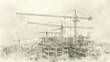 apartment buildings under construction with cranes on construction site, black and white pencil drawing