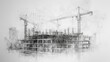 new multi story apartment buildings under construction with cranes on construction site, black and white pencil drawing