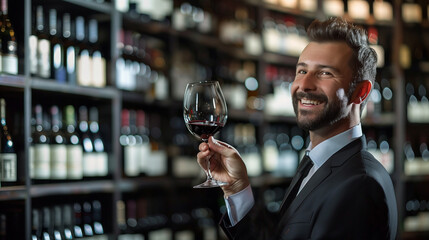 Sommelier expert examining a glass of wine in a cellar.