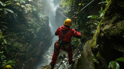 a man in a red jacket and yellow helmet is suspended on a rope above a rushing waterfall