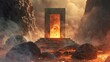 Hellish gates on a blazing lava podium, rock volcano background with a geometric stage set in a hot, smoky outdoor environment