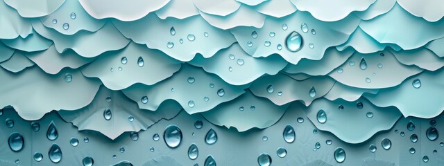 Fototapete - A background of layered paper cutouts depicting raindrops in various shapes and sizes, creating a textured and whimsical feel.