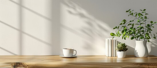 Poster - Workspace desk mockup with copy space for books, plant, and coffee on a wooden desk.