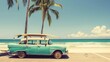 Beach Fun - Vintage Car with Surfboard on Tropical Shoreline, Retro Summer Leisure trip