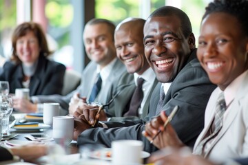 Work Meeting in a Diverse Boardroom: Businesspeople Laughing and Collaborating in Office Environment