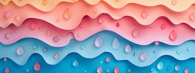 Fototapete - A background of layered paper cutouts depicting raindrops in various shapes and sizes, creating a textured and whimsical feel.