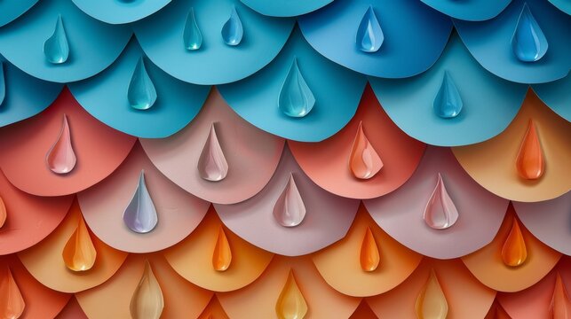 A background of layered paper cutouts depicting raindrops in various shapes and sizes, creating a textured and whimsical feel.