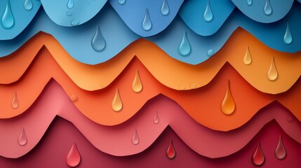 Fototapete - A background of layered paper cutouts depicting raindrops in various shapes and sizes, creating a textured and whimsical feel.