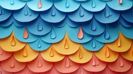 Fototapete - A background of layered paper cutouts depicting raindrops in various shapes and sizes, creating a textured and whimsical feel.