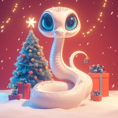 Sticker - 2025 white snake is sitting on a snowy ground next to a Christmas tree and presents. The scene is festive and cheerful, with the snake looking happy and the tree decorated with ornaments