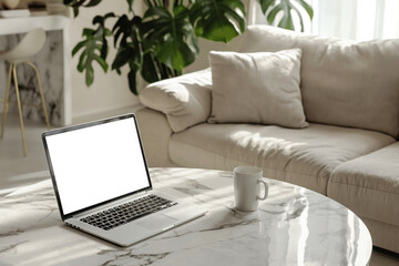 Wall Mural - Laptop on the table with a blank screen in modern living room