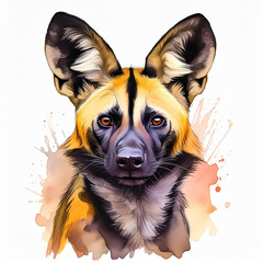 Wall Mural - Watercolor painting of African wild dog. Animal portrait. Hand drawn art. Detailed illustration
