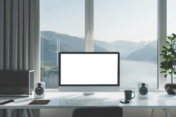 Wall Mural - Front view of modern designer desktop with blank computer screen, and other items. Mockup