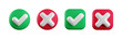 Vector 3d checkmarks icon set. Round and square glossy yes tick and no cross buttons isolated on white. Check mark and X symbol in green and red shape realistic 3d render. Right and wrong sign set.