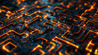 Detailed view of a circuit board with glowing orange lines, symbolizing technology