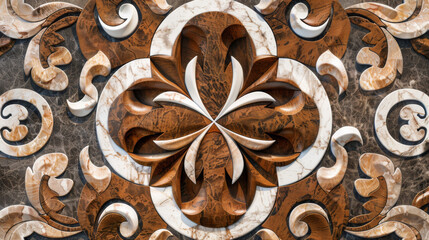 Aufkleber - Luxurious brown and white marble with intricate floral inlay design