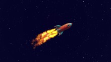 Rocket Flying In Outer Space With Burning Fire Animation. Cartoon Rocket Animation On Black Background And Stars Moving. Rocket Flying Into The Space, Game Animation