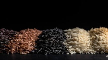 Various rice close-up, healthy food, black background. Asian cuisine. AI generated.