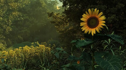 A sunflower in a field of green plants with a beautiful sunlight in the background.