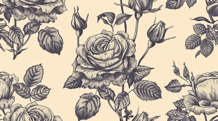 Wall Mural - Vintage floral pattern featuring seamless hand-drawn roses.