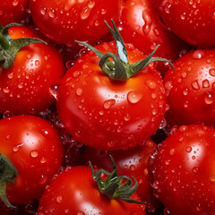 Close up of fresh red tomatoes, upper view background. Realistic photo of top view vegetables scenery. 