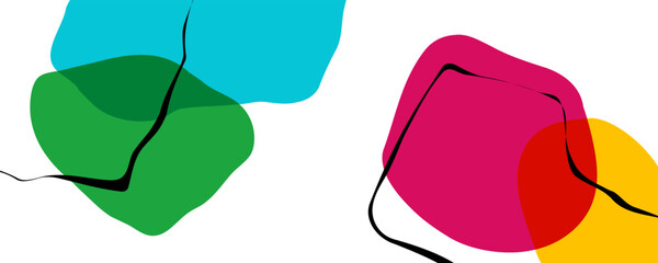Poster - Abstract background with various curved bright colored shapes and black bent lines for creative graphic design. Vector illustration.