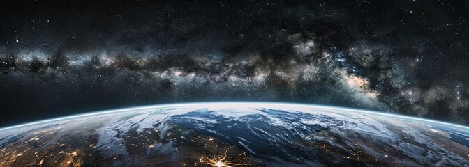 Wall Mural - majestic earth view from space with starry sky backdrop