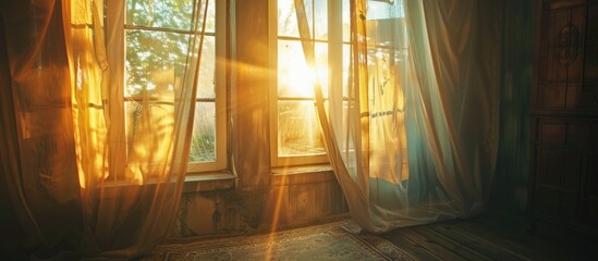 Wall Mural - The sunlight from the open window shines brightly through the curtains in the morning.