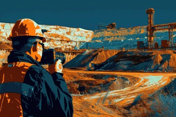 Aufkleber - A man wearing an orange hard hat talking on a cell phone. Suitable for construction or communication concepts