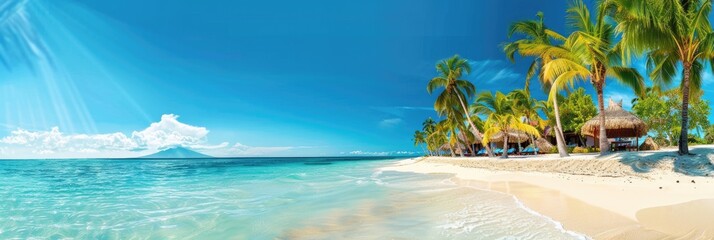 Wall Mural - Beach Resort Paradise. A Wide Panorama of Tropical Vacation with Coco Palms, White Sand, and Turquoise Seas