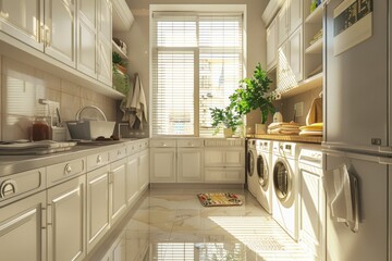 Poster - Modern kitchen interior with laundry appliances. Suitable for home improvement and real estate concepts
