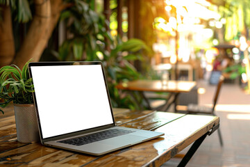 Wall Mural - Laptop with blank screen on wooden table in coffee shop cafe.