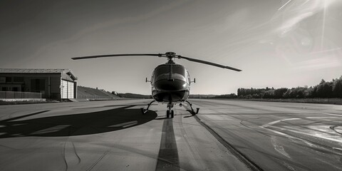 Aufkleber - A black and white photo of a helicopter on a runway. Suitable for aviation industry promotions
