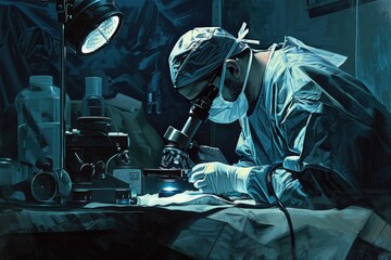 Aufkleber - A man in a lab coat examining something through a microscope. Suitable for science and research concepts