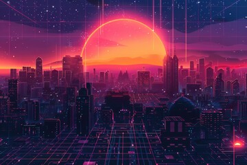 Poster - A cityscape at night with vibrant neon lights, perfect for urban backgrounds