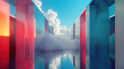 Poster - A long hallway with contrasting red and blue walls. Great for interior design concepts
