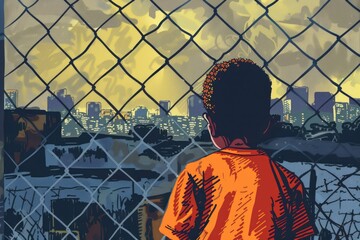 Poster - A young boy standing in front of a chain link fence. Suitable for various concepts and designs