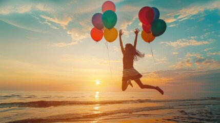 Poster - A person jumping in the air with colorful balloons, perfect for celebrations and joyous occasions
