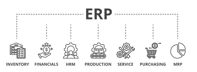Poster - ERP concept icon illustration contain inventory, financials, hrm, production, service, purchasing and mrp.