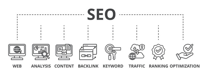 SEO concept icon illustration contain WEB, analysis, content, backlink, keyword, traffic, ranking and optimization.