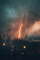 Poster - Powerful lightning bolt striking through a dramatic cloudy sky. Ideal for weather or natural disaster concepts
