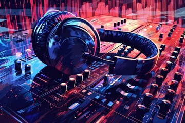 Poster - Headphones resting on a mixing board, suitable for music production projects