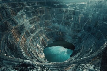 Poster - A scenic view of a large open pit filled with water and rocks. Ideal for industrial, nature, or environmental concepts